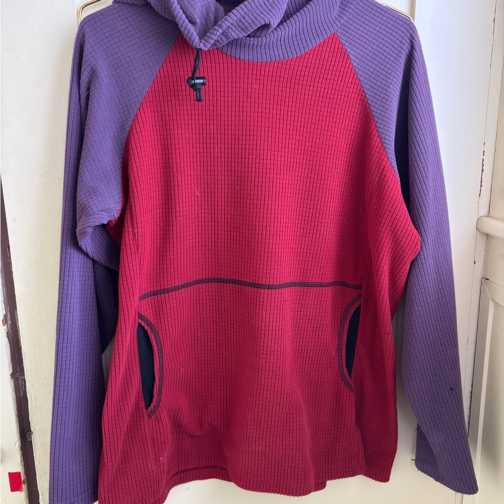 Melanzana Two-Tone Waffle Hooded Pullover in Red & Purple